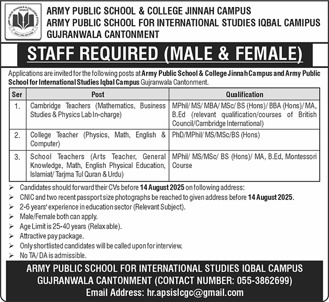Jobs in Army Public School & College Gujranwala